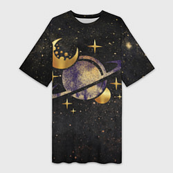 Женская длинная футболка Сатурн, луна, спутник и звезды