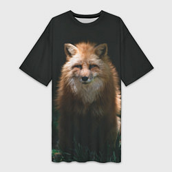Женская длинная футболка Хитрый лис на черном фоне