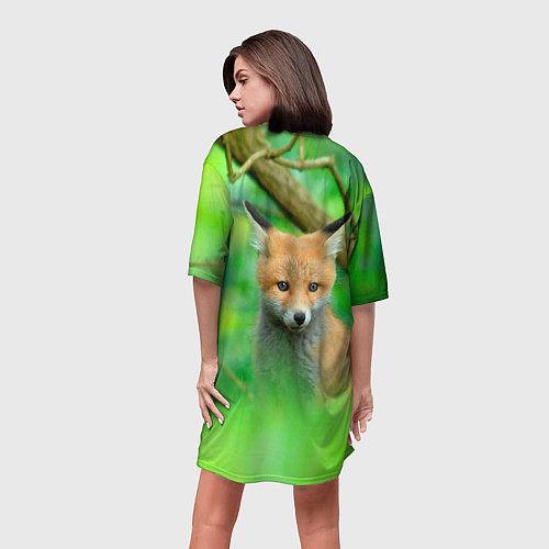 Женская длинная футболка Лисенок в зеленом лесу / 3D-принт – фото 4