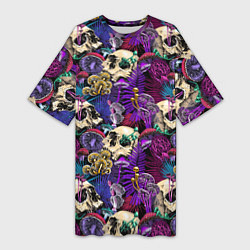 Женская длинная футболка Психоделика - черепа и грибы