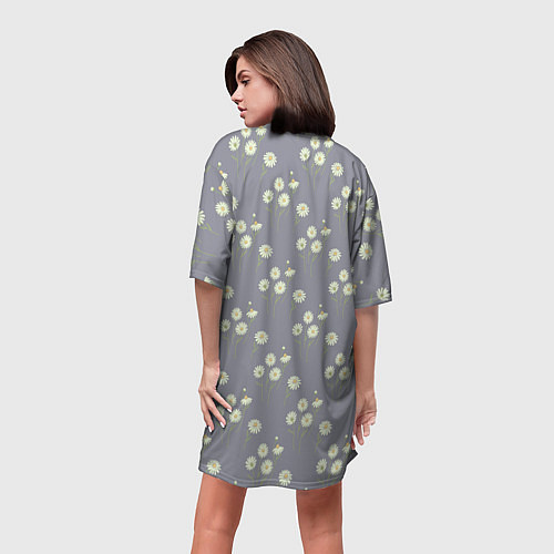 Женская длинная футболка Ромашки на сером паттерн / 3D-принт – фото 4