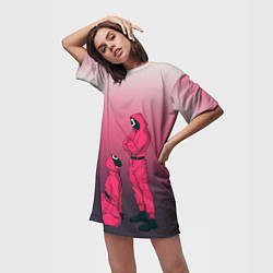 Футболка женская длинная Стражи из игра в кальмара, подчинение круга квадра, цвет: 3D-принт — фото 2