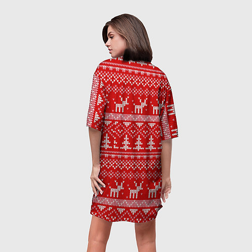 Женская длинная футболка Новогодний узор с оленями и елкой / 3D-принт – фото 4