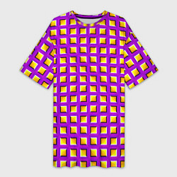 Футболка женская длинная Фиолетовый Фон с Желтыми Квадратами Иллюзия Движен, цвет: 3D-принт
