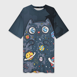 Женская длинная футболка Космический кот в планетах