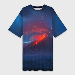 Футболка женская длинная Извержение вулкана ночью, цвет: 3D-принт