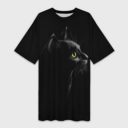 Футболка женская длинная Черный кот на черном фоне, цвет: 3D-принт