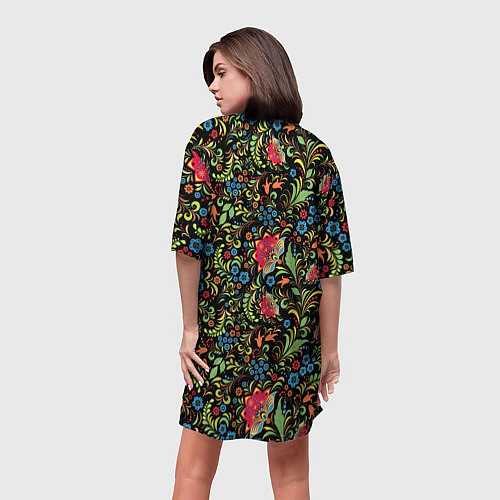 Женская длинная футболка Цветочный Узор хохлома / 3D-принт – фото 4