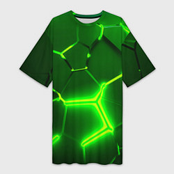 Женская длинная футболка 3D ПЛИТЫ НЕОН NEON GREEN HEXAGON РАЗЛОМ