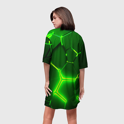 Женская длинная футболка 3D ПЛИТЫ НЕОН NEON GREEN HEXAGON РАЗЛОМ / 3D-принт – фото 4