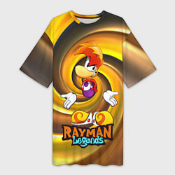 Женская длинная футболка Rayman Legends на фоне желтой спирали