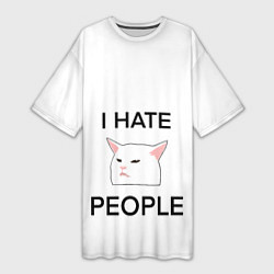 Женская длинная футболка I hate people, дизайн с белым мемным котом