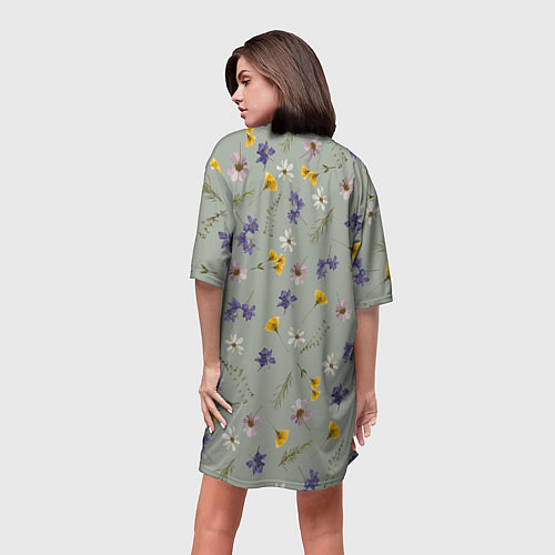 Женская длинная футболка Простой цветочный принт на зеленом фоне / 3D-принт – фото 4