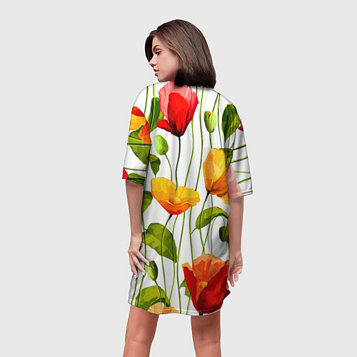 Женская длинная футболка Волнообразный узор из цветков мака Лето / 3D-принт – фото 4