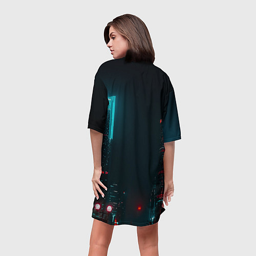 Женская длинная футболка Неоновые высотки в городе - Светло-синий / 3D-принт – фото 4