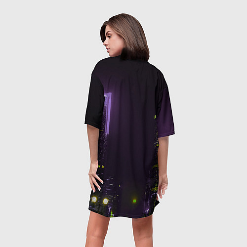 Женская длинная футболка Неоновые высотки в городе - Фиолетовый / 3D-принт – фото 4