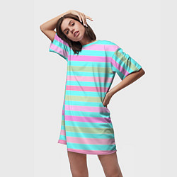 Футболка женская длинная Pink turquoise stripes horizontal Полосатый узор, цвет: 3D-принт — фото 2