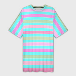 Женская длинная футболка Pink turquoise stripes horizontal Полосатый узор