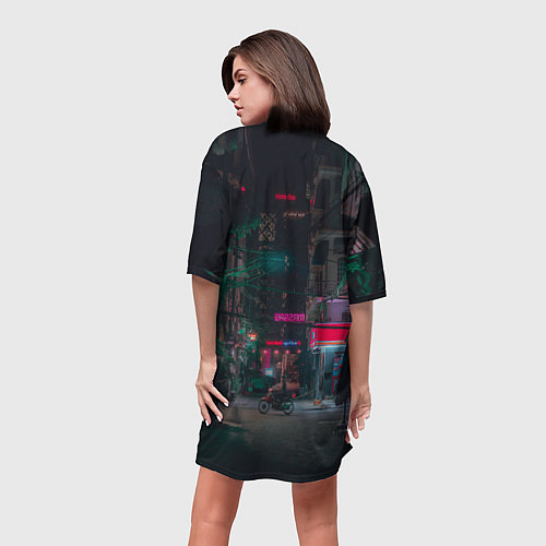 Женская длинная футболка Неоновый мрачный город - Тёмно-зелёный / 3D-принт – фото 4