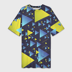 Футболка женская длинная Абстракция Из Жёлтых и Синих Треугольников На Тёмн, цвет: 3D-принт