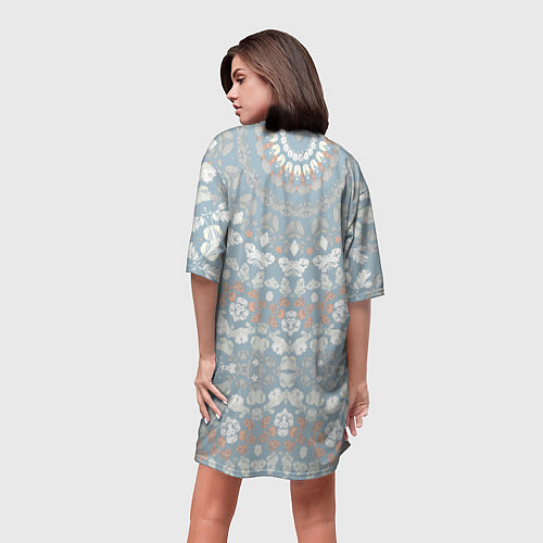 Женская длинная футболка Коралловый и серо-голубой, мандала / 3D-принт – фото 4
