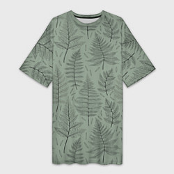 Женская длинная футболка Листья папоротника на зеленом фоне Минимализм