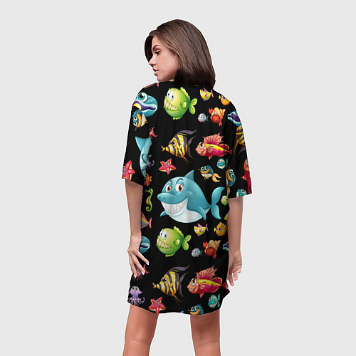 Женская длинная футболка Прикольная акула и другие жители океана / 3D-принт – фото 4