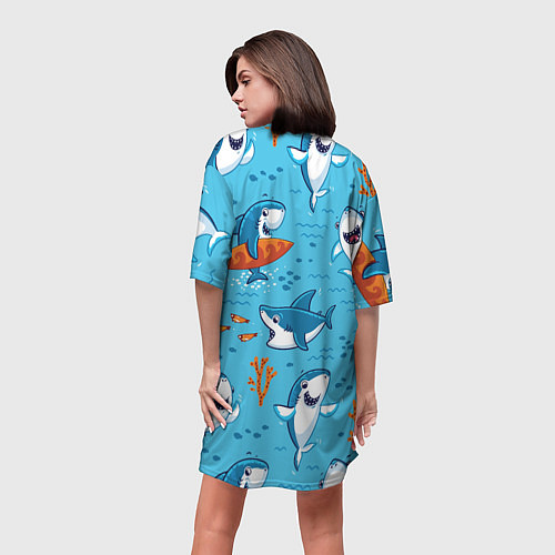 Женская длинная футболка Прикольные акулята - паттерн / 3D-принт – фото 4