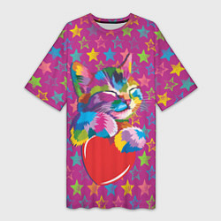Женская длинная футболка Сердечный котик в поп-арте