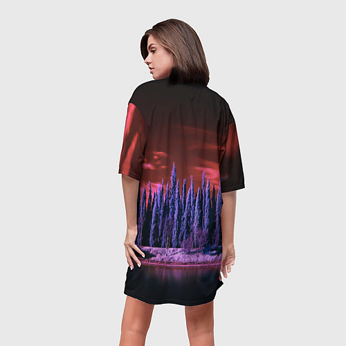 Женская длинная футболка Абстрактный фиолетовый лес и тёмная река / 3D-принт – фото 4