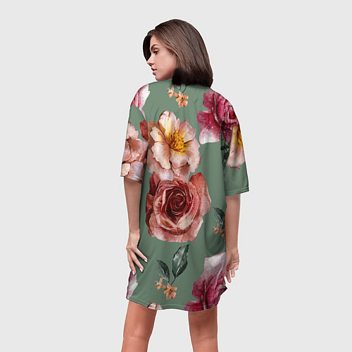 Женская длинная футболка Цветы Нарисованные Розы и Пионы / 3D-принт – фото 4