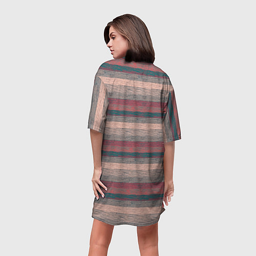 Женская длинная футболка Серые, бежевые, красные полосы с текстурой дерева / 3D-принт – фото 4