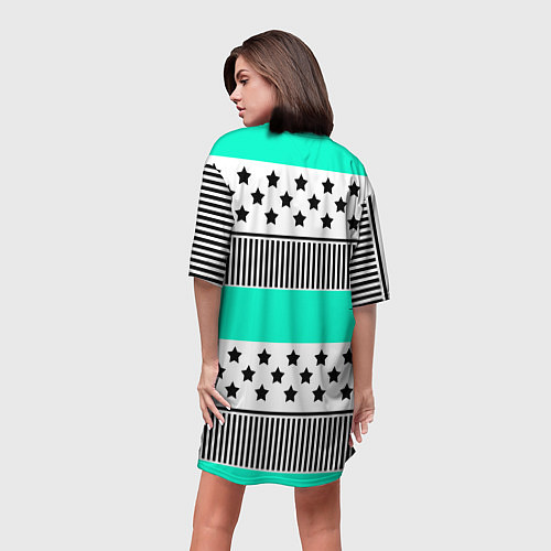 Женская длинная футболка Комбинированный полосатый черно-голубой узор / 3D-принт – фото 4