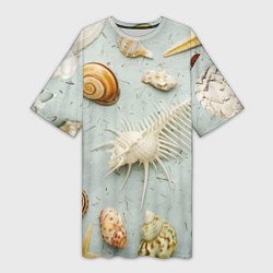 Футболка женская длинная Океанские ракушки и морские звёзды на песке, цвет: 3D-принт