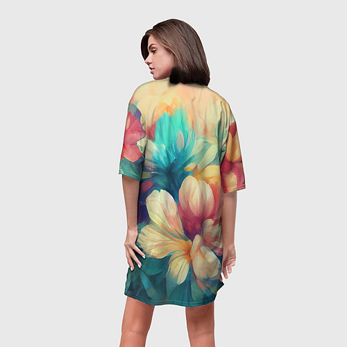 Женская длинная футболка Цветочный букет нарисованный маслом / 3D-принт – фото 4