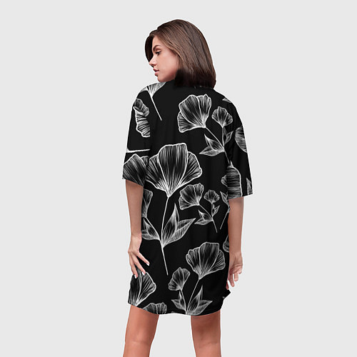 Женская длинная футболка Графичные цветы на черном фоне / 3D-принт – фото 4