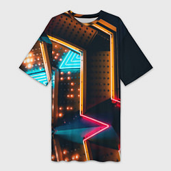 Футболка женская длинная Неоновые огни на геометрических поверхностях, цвет: 3D-принт