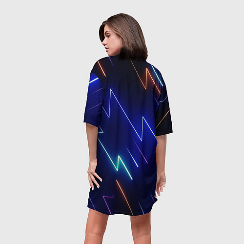 Женская длинная футболка Неоновые изогнутые линии / 3D-принт – фото 4