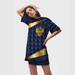 Футболка женская длинная Золотой герб России на объемном синим фоне, цвет: 3D-принт — фото 2