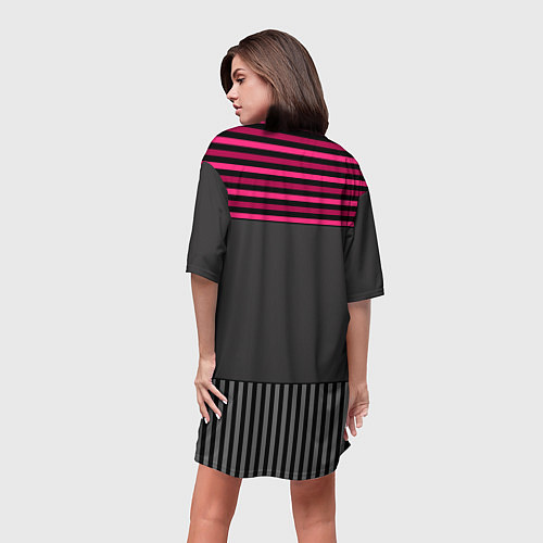 Женская длинная футболка Комбинированный серый с красным полосатый узор / 3D-принт – фото 4