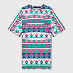 Футболка женская длинная Этнический орнамент терракотово-серый полосатый, цвет: 3D-принт