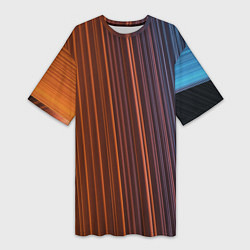 Женская длинная футболка Абстрактные оранжевые и голубые линии во тьме