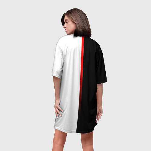 Женская длинная футболка Киберпанк 2077 - Черно-белый с красной линией / 3D-принт – фото 4