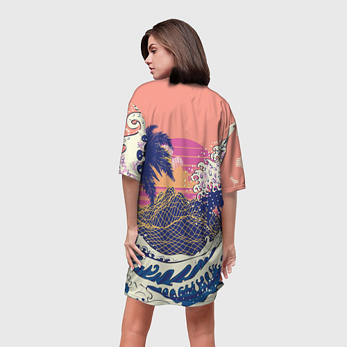Женская длинная футболка Ретро дизайн большие волны, пальмы и абстрактные г / 3D-принт – фото 4