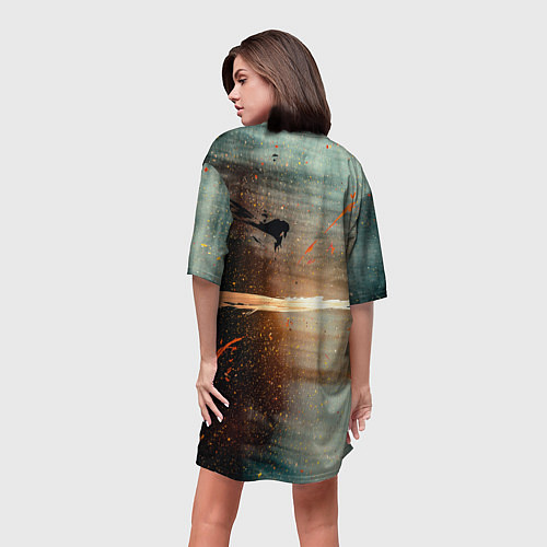 Женская длинная футболка Светло-синий абстрактный фон и брызки красок / 3D-принт – фото 4