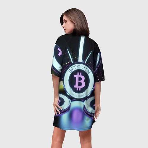 Женская длинная футболка Неоновый светящийся биткоин / 3D-принт – фото 4