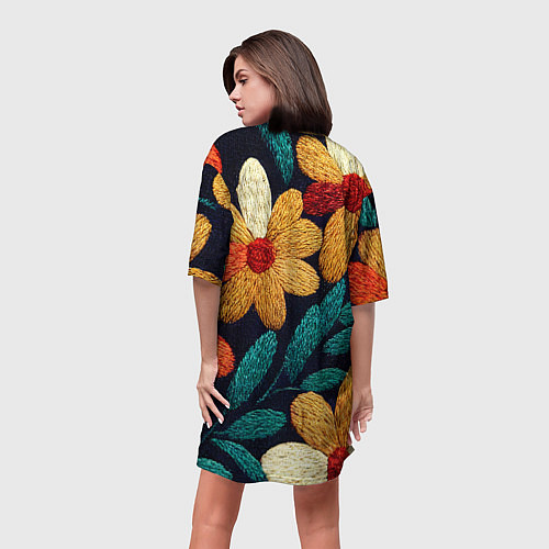 Женская длинная футболка Цветы в стиле вышивки / 3D-принт – фото 4