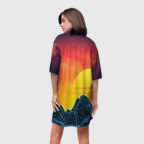 Женская длинная футболка Тропический остров на закате ретро иллюстрация / 3D-принт – фото 4