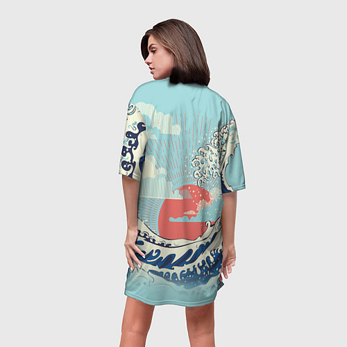 Женская длинная футболка Морской пейзаж с большими волнами на закате / 3D-принт – фото 4