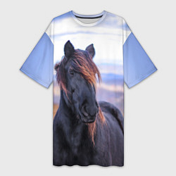 Женская длинная футболка Черный конь